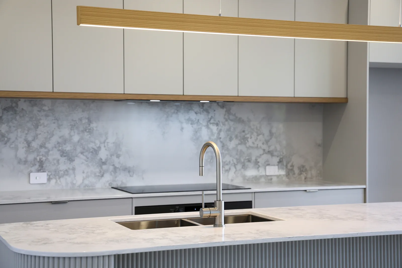 Kitchen island with marble splashback, Inverloch